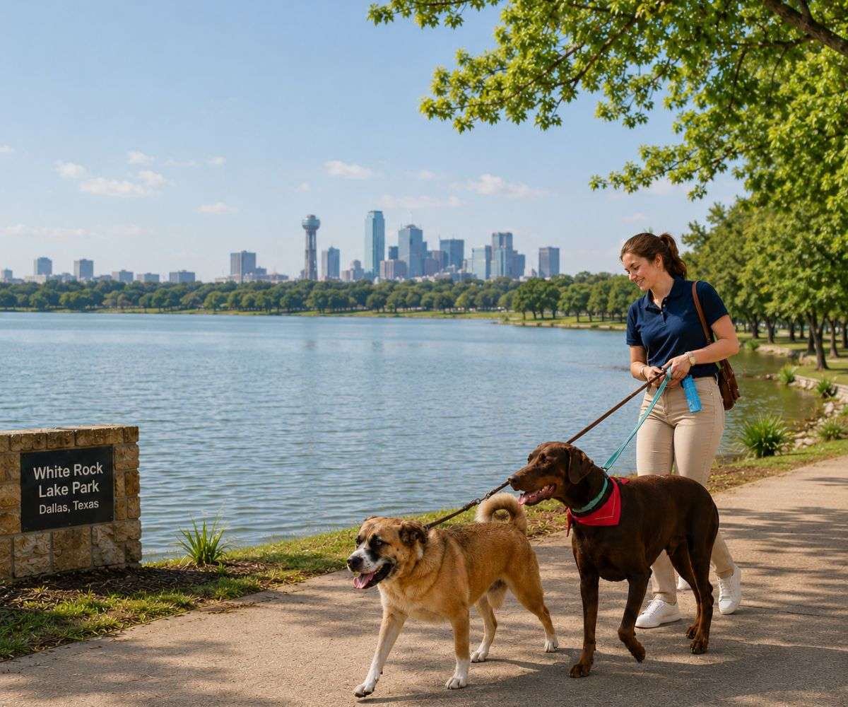 PCPC pet sitter walking 2 dogs in dallas